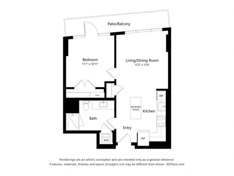 Floor plan for 1 bed, 1 bath, 663 sqft